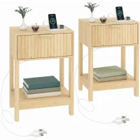 HOMCOM Modern Nightstand Set of 2, Slim Bedside Table with Drawer, Open Shelf and Built-in Charging for Bedroom, Oak(m-13)