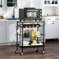 HOMCOM Rolling Kitchen Cart, 3-Tier Utility Storage Trolley with Wine Rack, Mesh Drawer and Side Hooks for Dining Room, Black/Natural(m-3)