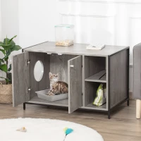PawHut Large Wooden & Steel Cat Litter Box Enclosure, Kitten Washroom End Table, Indoor Hidden Cat House with Magnetic Doors & Storage Shelves, Gray(m-2)