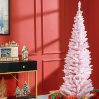 HOMCOM 6ft Pencil Christmas Tree, Slim Artificial Christmas Tree with Realistic Branches and Warm White LED Lights, Pink(m-8)