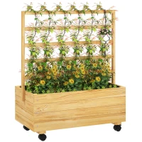 Outsunny Raised Garden Bed with Trellis and Wheels, Outdoor Planter Wooden Elevated Garden Bed for Garden, Patio, Natural(m-1)