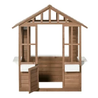 Outsunny Kids Wooden Playhouse, Outdoor Garden Games Cottage with Flowers Pot Holder, Working Door, Windows, Brown(m-17)