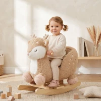 Qaba Baby Rocking Horse for Toddlers 1-3 Years, Spotted Deer Rocking Horse Toy with Sounds, Seat Belt and Widened Base, Brown(m-8)