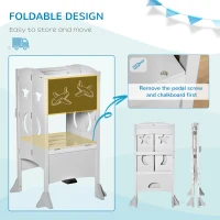 Qaba 2 in 1 Kids Foldable Kitchen Step Stool, Toddler Standing Tower with Chalkboard and Lockable Handrail for Children 3-6 Years Old, Gray(m-5)