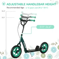 Qaba Kids Scooter with Adjustable Handlebar, Kids Kick Scooter with Non-slip Footplate, Rear Brake, 12" EVA Wheels, Green(m-4)