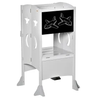 Qaba 2 in 1 Kids Foldable Kitchen Step Stool, Toddler Standing Tower with Chalkboard and Lockable Handrail for Children 3-6 Years Old, Gray(m-1)