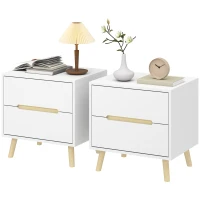 HOMCOM Nightstands Set of 2, Bedside Table with 2 Drawers, Modern Side End Table with Solid  Wood Legs for Bedroom, White(m-2)