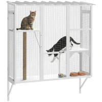 PawHut Wooden Catio Outdoor, Cat Window Box Enclosure for 2-3 Large Cats with 2 Jumping Platforms & Scratching Post, White(m-9)