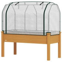 Outsunny Raised Garden Bed with PE Greenhouse Cover Outdoor Elevated Wood Planter Box for Herbs and Vegetables Sand(m-2)