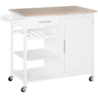 HOMCOM Rolling Kitchen Island with Storage, Kitchen Cart with Solid Wood Countertop, Drawer, Adjustable Shelf and Wine Rack, White(m-1)
