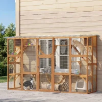 PawHut Large Outdoor Catio with Condos, Platforms, Doors, Ladders, Weather-Resistant Roof, Orange(m-8)