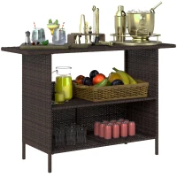 Outsunny Wicker Outdoor Bar Table, PE Rattan Bar Height Patio Table with 2 Shelves, Steel Frame for Garden, Backyard, Dark Brown(m-9)