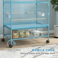 PawHut 52'' Large Rolling Steel Bird Cage Bird House with Rolling Stand, Storage Shelf, Wood Perch, Food Container, Light Blue(m-5)