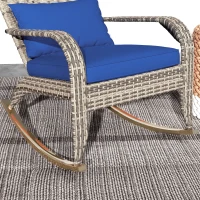 Outsunny Adirondack Chair, Outdoor Wicker Rocking Chair with High Back, Seat Cushion, and Pillow for Porch, Balcony, Dark Blue(m-9)