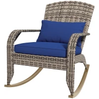 Outsunny Adirondack Chair, Outdoor Wicker Rocking Chair with High Back, Seat Cushion, and Pillow for Porch, Balcony, Dark Blue(m-1)