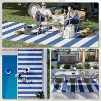 Outsunny Reversible Outdoor Rug, 9' x 18' Waterproof Plastic Straw Floor Mat, Portable RV Camping Carpet, Large Floor Mat for Backyard, Deck, Picnic, Beach, Blue & White Striped(m-5)