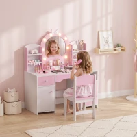 Qaba Kids Vanity Set, Toddler Dressing Table and Chair Set  with Lighted Bow Mirror, Cabinet, Drawer and Shelves, Pink(m-8)