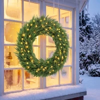 HOMCOM Christmas Decoration, 36 in Pre-Lit Norfolk Pine Artificial Christmas Wreath with 100 LED Lights, Green(m-10)