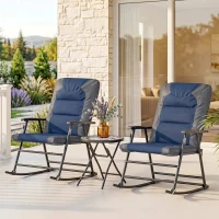 Outsunny 3pc Patio Foldable Rocking Chair Set, Outdoor Rocking Chairs and Table Bistro Set w/ Padded Seat, Headrest, Backrest for park, backyard, garden, Blue(m-8)