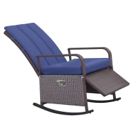 Outsunny Outdoor Wicker Rocking Chair with Cushion, Patio PE Rattan Recliner Chair with Adjustable Footrest, Armrests, Dark Blue(m-11)