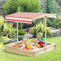 Outsunny Kids Wooden Sandbox, Covered Children Sand Playset Outdoor, w/ Adjustable Canopy Shade, Bottom Liner, Seat, Plastic Basin, Aged 3-8 Years Old, for Backyard, Beach, Natural(m-2)