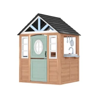 Qaba Kids Outdoor Playhouse, Wooden Cottage Play House with Pet Door, Play Kitchen, Half Door and Windows for Indoor Outdoor(m-12)