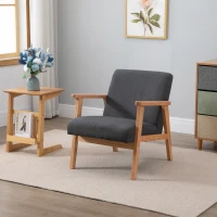 HOMCOM Mid-Century Modern Accent Chair Retro Fabric Armchair Wooden Arm Upholstered Lounge Chair for Living Room Grey(m-10)