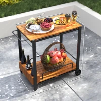 Outsunny Acacia Wood Outdoor Bar Cart with Wheels, Rolling 2-Tier Coffee & Drink Cart with 3 Bottle Holders, Teak(m-3)