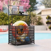 Outsunny Wicker Pool Float Storage Organizer, PE Rattan Pool Float Holder with Basket Shelf Towel Bars, Rolling Pool Caddy, Brown(m-8)