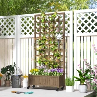 Outsunny Wooden Planter with Trellis, Raised Garden Bed with Wheels, Drainage Holes for Climbing Plants, Flowers, Brown(m-7)