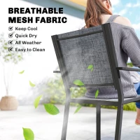 Outsunny Outdoor Dining Set for 6, Faux Wood Metal Patio Table and Mesh Stackable Chairs with Umbrella Hole, Black(m-7)