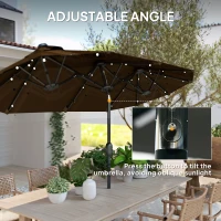 Outsunny 10FT Double-Sided Patio Umbrella with Solar Lights and Sandbag Base, Outdoor Umbrella with Push Button Tilt, Crank, Air Vents for Garden, Backyard, Deck, Pool, Market, Coffee(m-5)