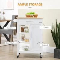 HOMCOM Kitchen Island Cart, Rolling Kitchen Island with Storage Shelf, Solid Wood Top, Drawer, for Dining Room, White(m-4)
