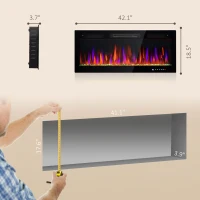 HOMCOM 42" Electric Fireplace Recessed and Wall Mounted, Freestanding, 1500W Ultra-thin with Adjustable Flame, Crystal, Black(m-3)