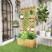 Outsunny Raised Garden Bed, Wooden Planter with Trellis, Hanging Roof, Plant Shelf, Drainage Holes and Bed Liner, Natural(m-2)