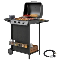 Outsunny 3+1 Burner Propane Gas BBQ Grill, Portable Gas Barbecue Grill with Side Burner, Thermometer, Lid, Side Table, Shelf, Spice Rack, Wheels, Grease Cup for Garden, Black(m-2)