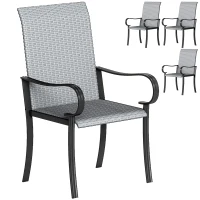 Outsunny Set of 4 Outdoor Wicker Dining Chairs with Armrest, Steel Frame, High Back and Deep Seating, Gray(m-10)