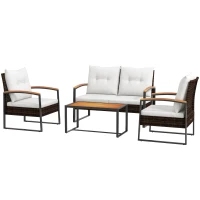 Outsunny 4 Piece Rattan Patio Furniture Set with Loveseat Sofa, Chair, Wood Coffee Table, Cushions for Outdoor, Backyard, White(m-1)
