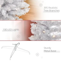 HOMCOM 6ft Tall Prelit Pencil Artificial Christmas Tree, Holiday Décor with 395 Realistic Branches, 100 LED Lights, Foldable Metal Base, White(m-7)