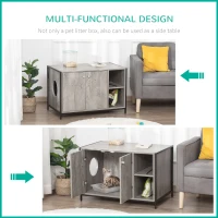 PawHut Large Wooden & Steel Cat Litter Box Enclosure, Kitten Washroom End Table, Indoor Hidden Cat House with Magnetic Doors & Storage Shelves, Gray(m-5)