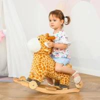 Qaba Rocking Horse, 2 in 1 Kids Ride on Horse, Rolling Giraffe Animal Rocker with Sound, Wooden Base, Pedal, Grip Handle, Plush Riding Pony for 3-6 Years Old, Yellow(m-2)