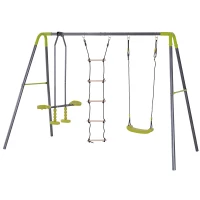 HOMCOM 3 in 1 Kids Metal Swing Set for Backyard with Swing Seat, Glider and Climbing Ladder, Heavy Duty Metal Frame for 4 Children(m-11)