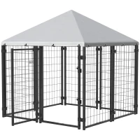 PawHut Lockable Dog House Kennel with Water-resistant Roof for Small and Medium Sized Pets, 4.7' x 4.7' x 5.1', Silver(m-1)