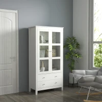 HOMCOM 63" Kitchen Pantry, Freestanding Storage Cabinet with 3-Tier Shelves, 2 Drawers, Glass Doors, and Soft Close Hinges for Living Room, Dining Room, White(m-2)