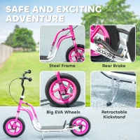 Qaba Kids Scooter, Lightweight Scooter with Adjustable Handlebar, Rear Brake, Kickstand, 12" EVA Wheels, for 5-12 Y, Pink(m-6)
