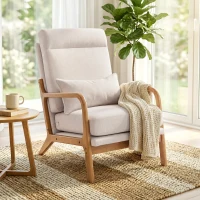 HOMCOM Modern Accent Chair, Linen Armchair with Lumbar Pillow, High Back, Wide Seat, Thick Cushion, Solid Wood Frame, Cream White(m-8)