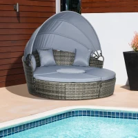 Outsunny 4 Piece Round Rattan Daybed, Convertible Patio Furniture Set, Adjustable Sun Canopy, Sectional Outdoor Sofa, Light Gray(m-10)