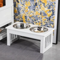 PawHut 6" Height Small Puppy Dog Feeding Station for Messy Pets, Stainless Steel Elevated Dog Bowls with Modern Wooden Frame, Dog Food Stand Pet Feeding Station, White(m-10)