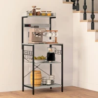 HOMCOM Kitchen Baker's Rack with Power Outlet, Coffee Bar Station with Adjustable Shelves and Hooks, Distressed Grey(m-8)