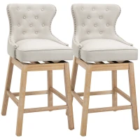 HOMCOM Memory Swivel Bar Stools Set of 2, Upholstered Fabric Bar Height Barstools with Tufted Back, Nailhead-Trim and Solid Wood Legs, 30" H Seat Height Kitchen Stools, Cream(m-1)